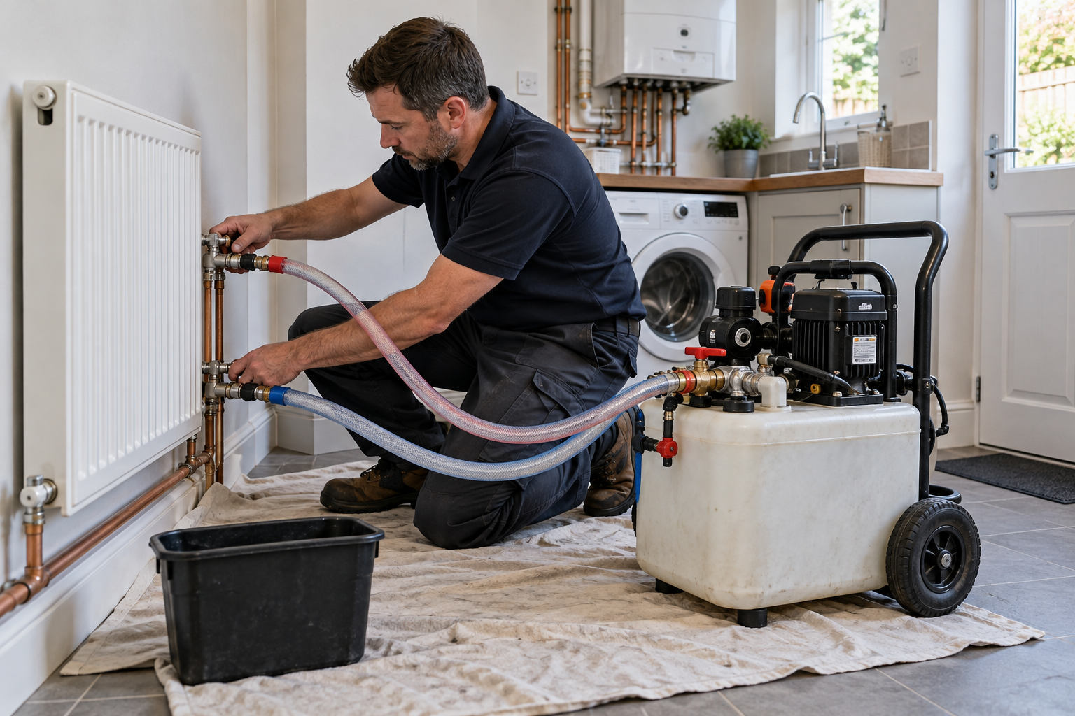 Engineer connecting a power flushing machine to a home heating circuit