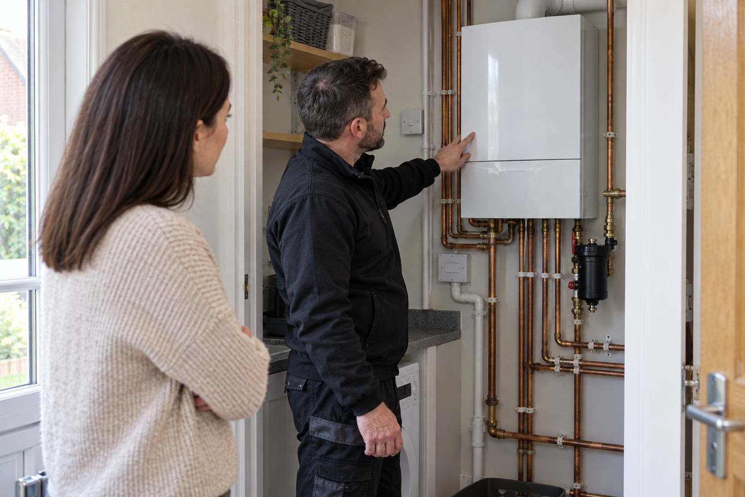Engineer inspecting a new condensing boiler and magnetic filter in a utility room