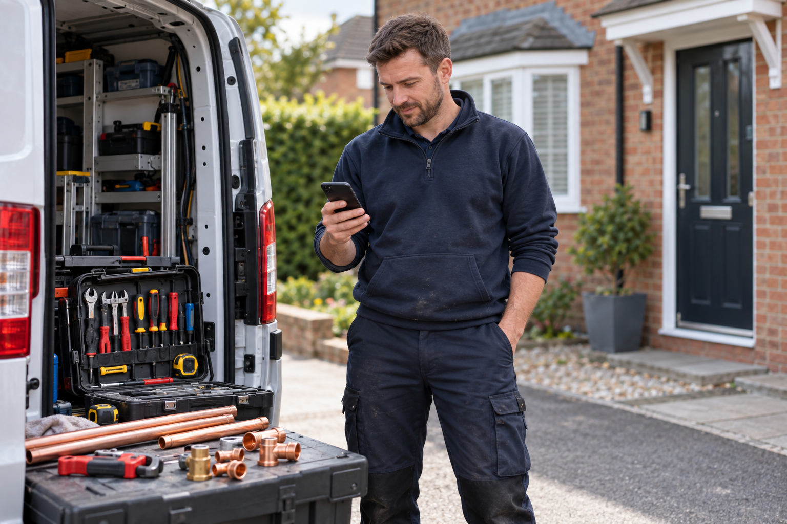 Heating engineer checking an enquiry on a phone beside a service van