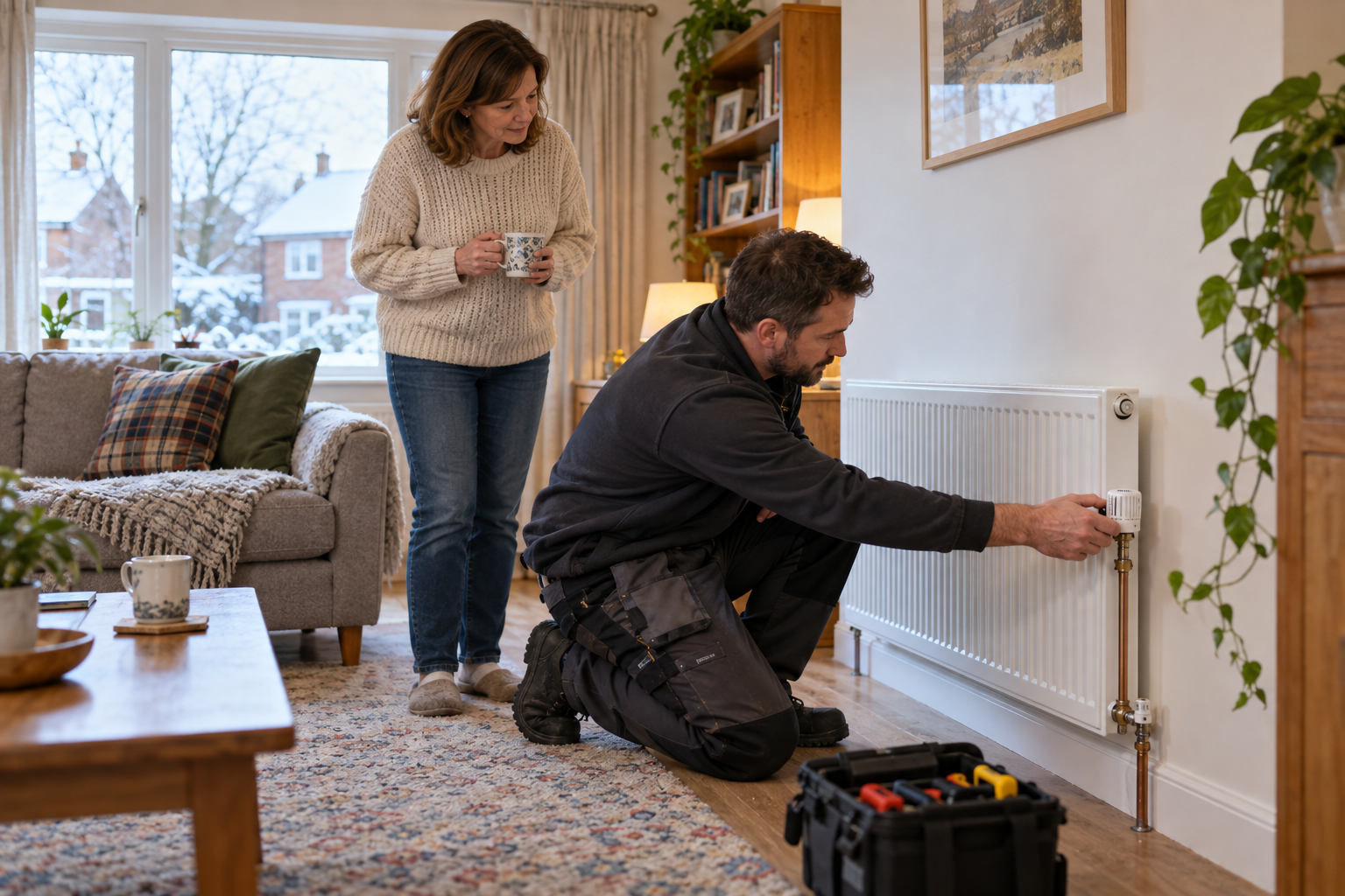 Heating engineer checking a radiator in a British living room