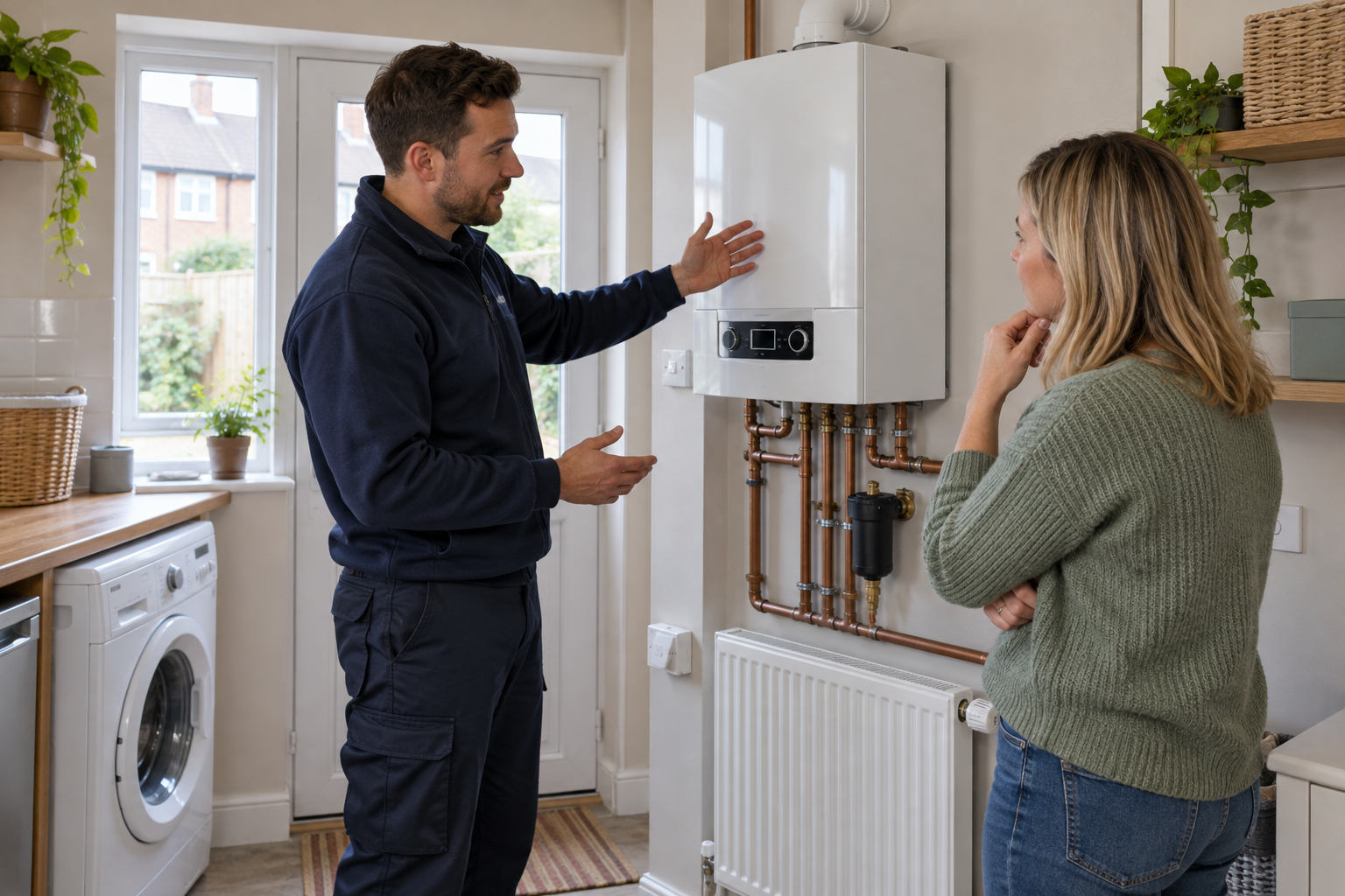Heating engineer discussing a home boiler and pipework with a homeowner