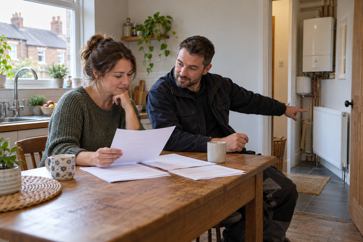 Homeowner comparing heating quotations with an engineer at a kitchen table