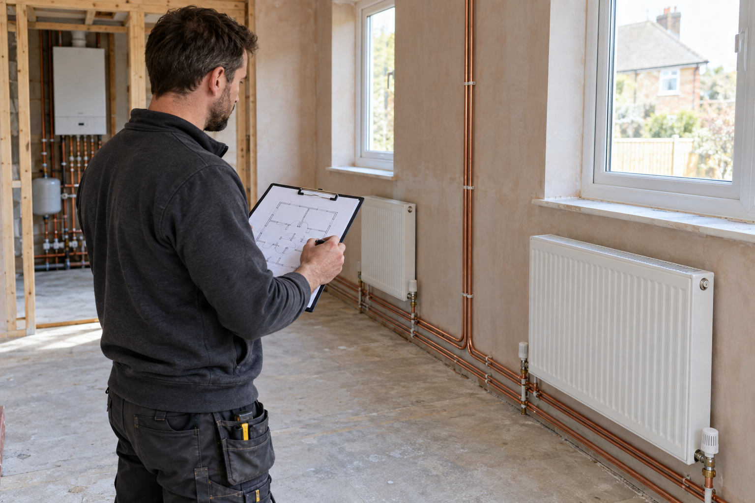 Installer planning new central heating pipework and radiators in a renovated home