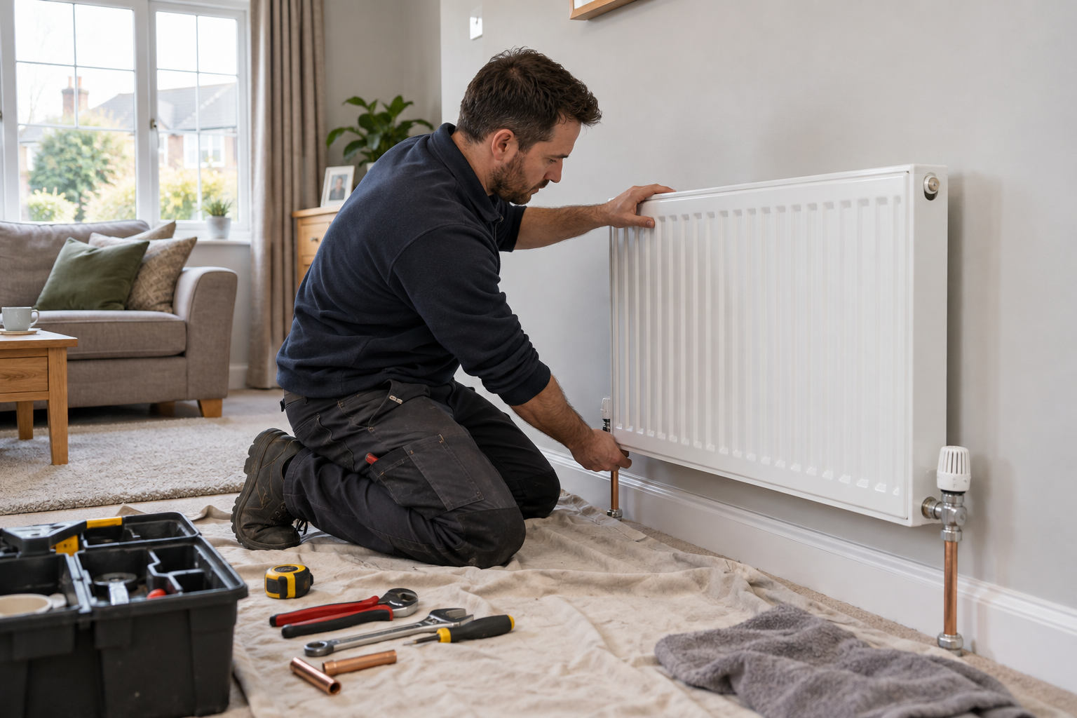 Plumber fitting a new panel radiator and valve in a living room