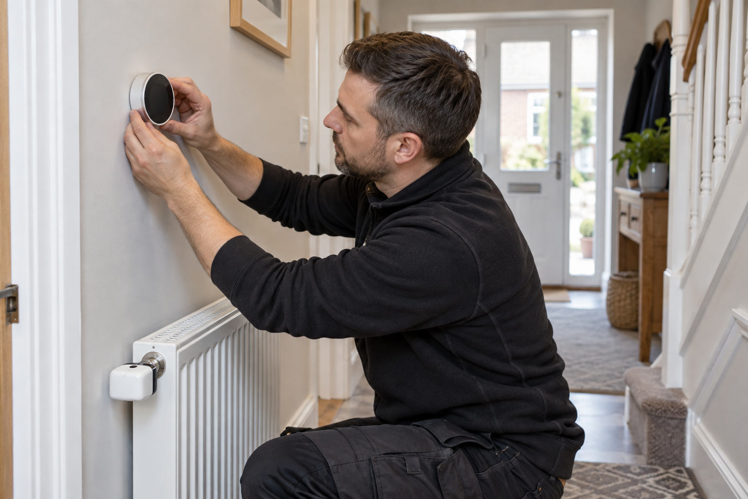 Installer fitting a smart thermostat above a radiator in a hallway