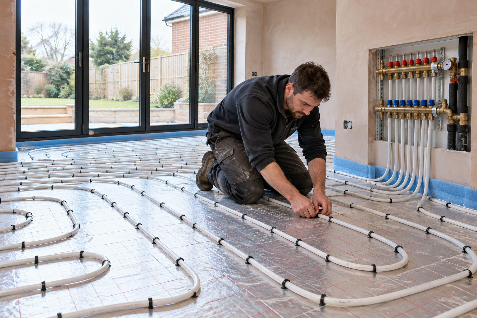 Installer laying wet underfloor heating pipes beside a manifold in an extension
